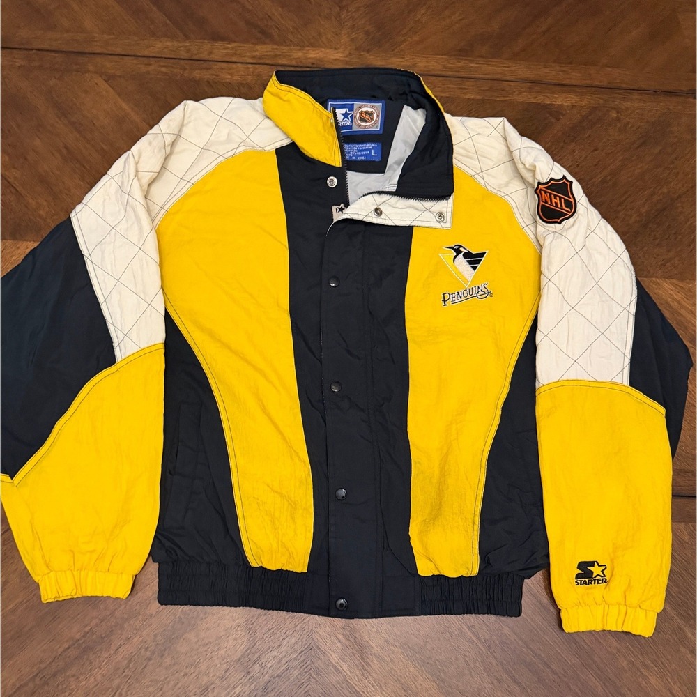 Vintage Starter NHL Pittsburgh Penguins Jacket Large Black Yellow Robo Penguin